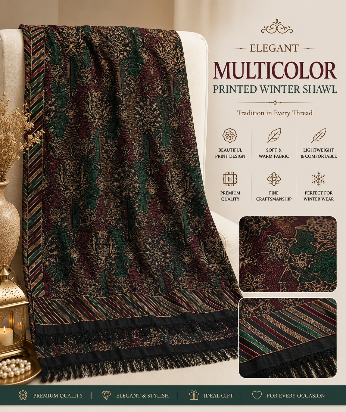 Elegant Multicolor Printed Winter Shawl