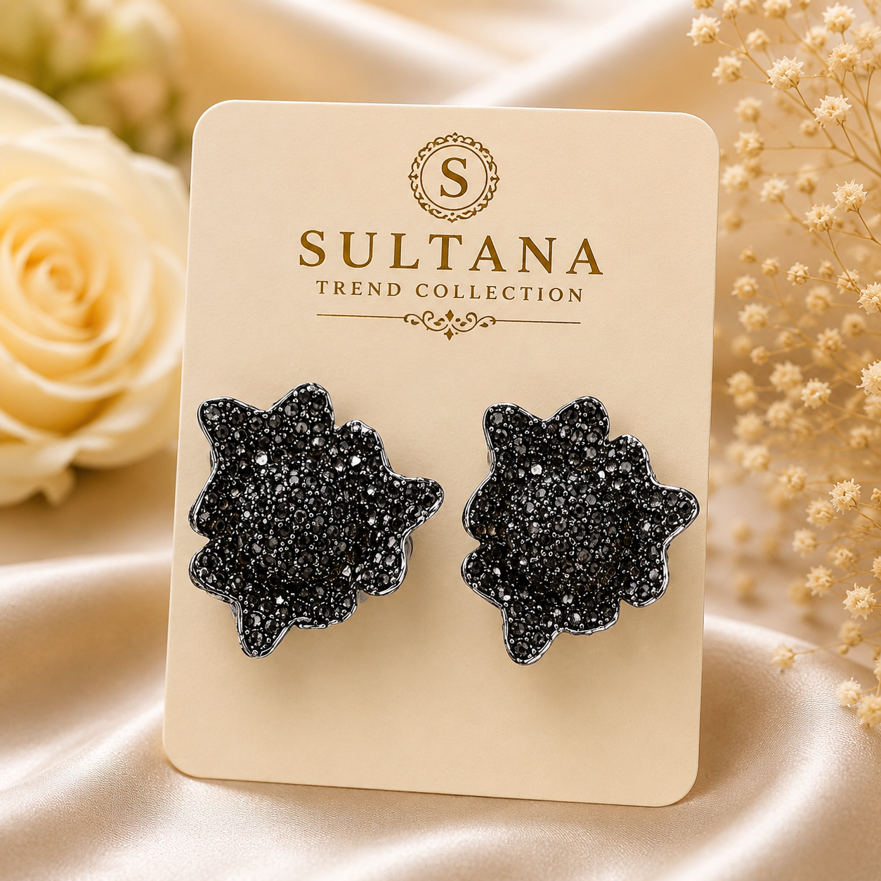 Midnight Crystal Floral Stud Earrings