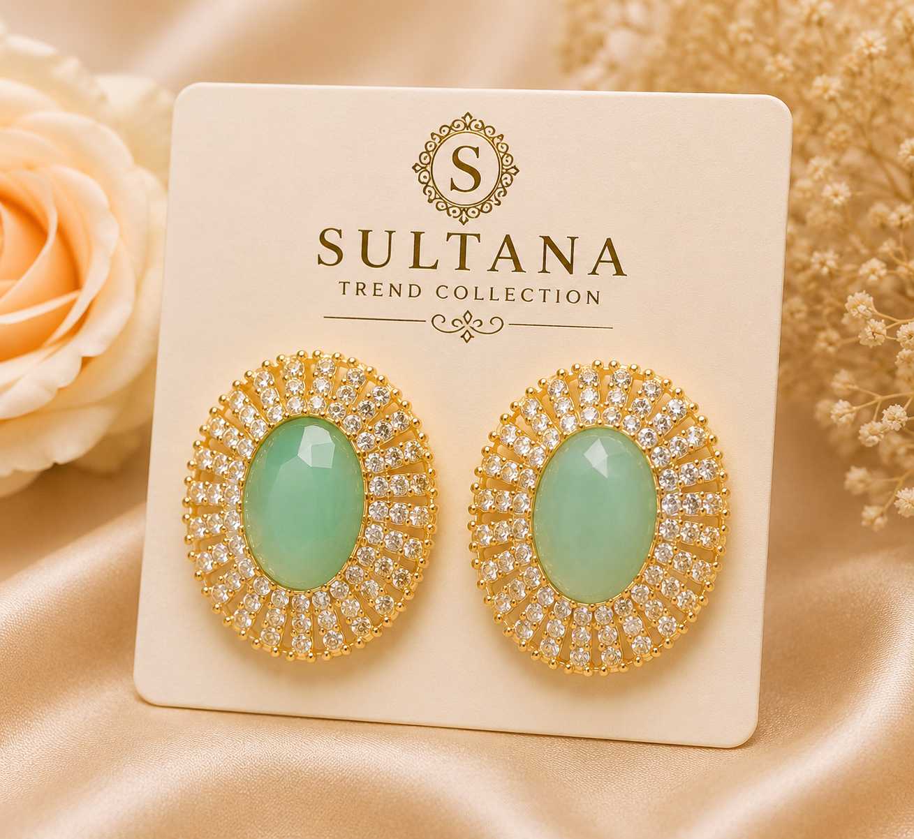 Luxury Mint Green Stone Stud Earrings