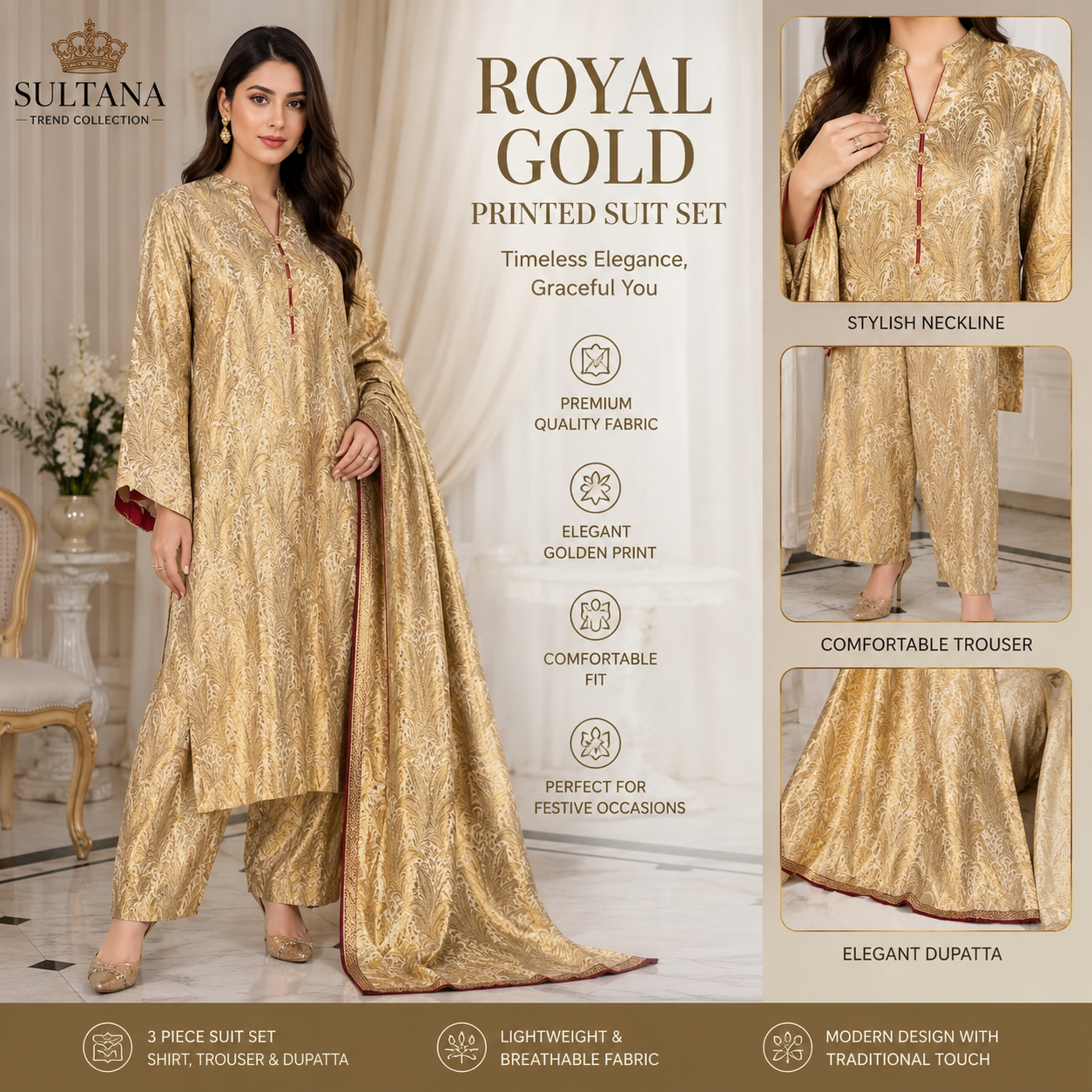 Royal Gold Printed Traditional Suit Set