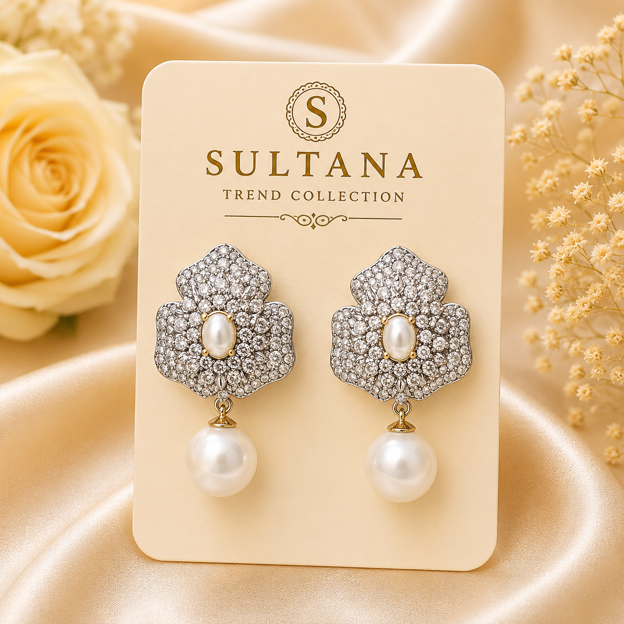 Silver Pearl Drop Crystal Earrings