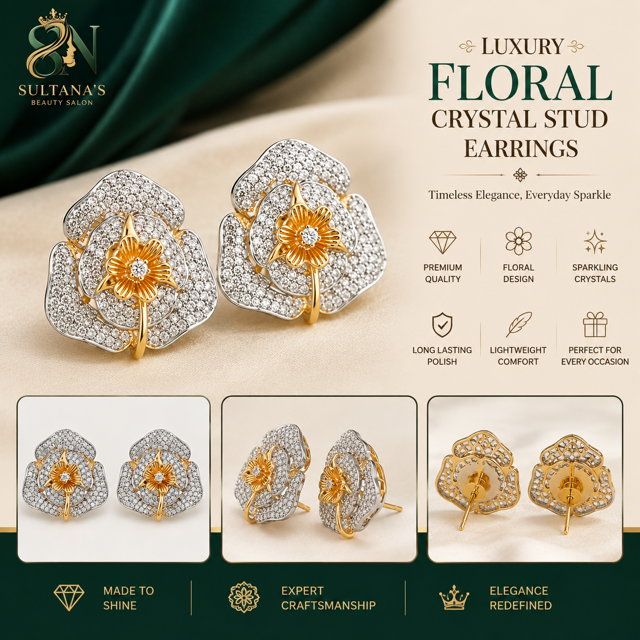 Luxury Floral Crystal Stud Earrings
