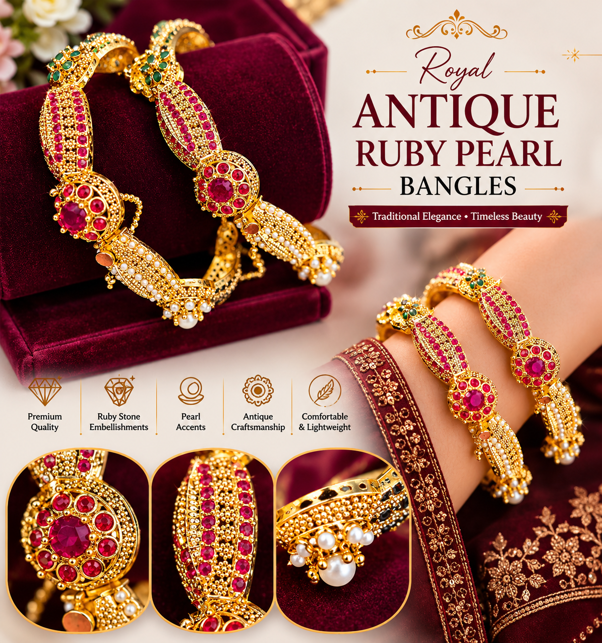 Royal Antique Ruby Pearl Bangles