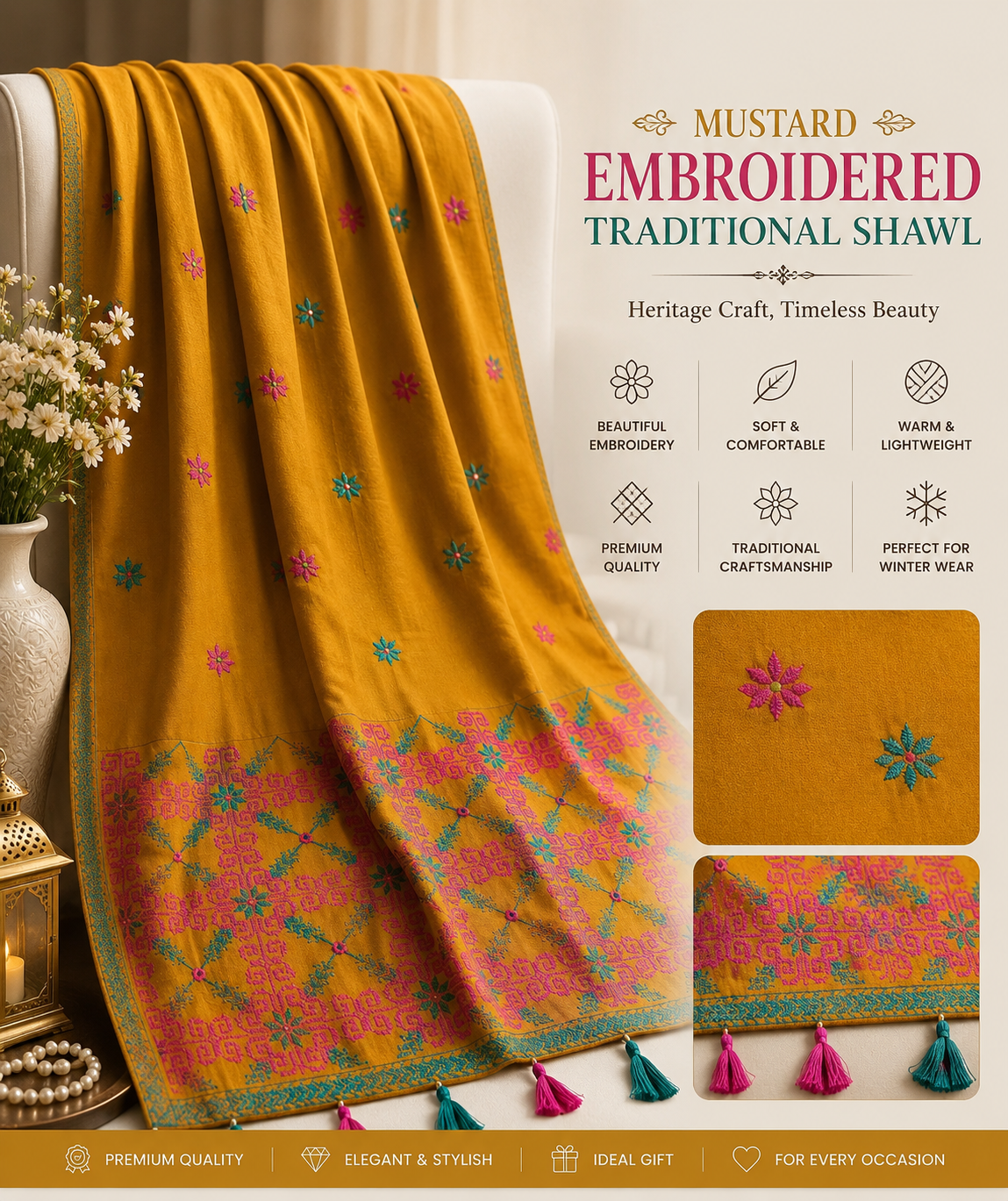 Mustard Embroidered Traditional Shawl