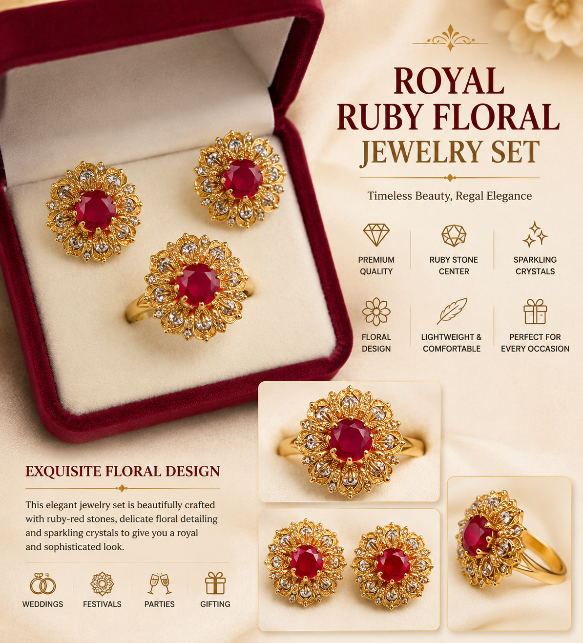 Royal Ruby Floral Jewelry Set