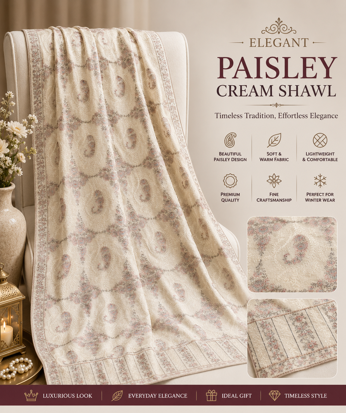Elegant Paisley Cream Shawl