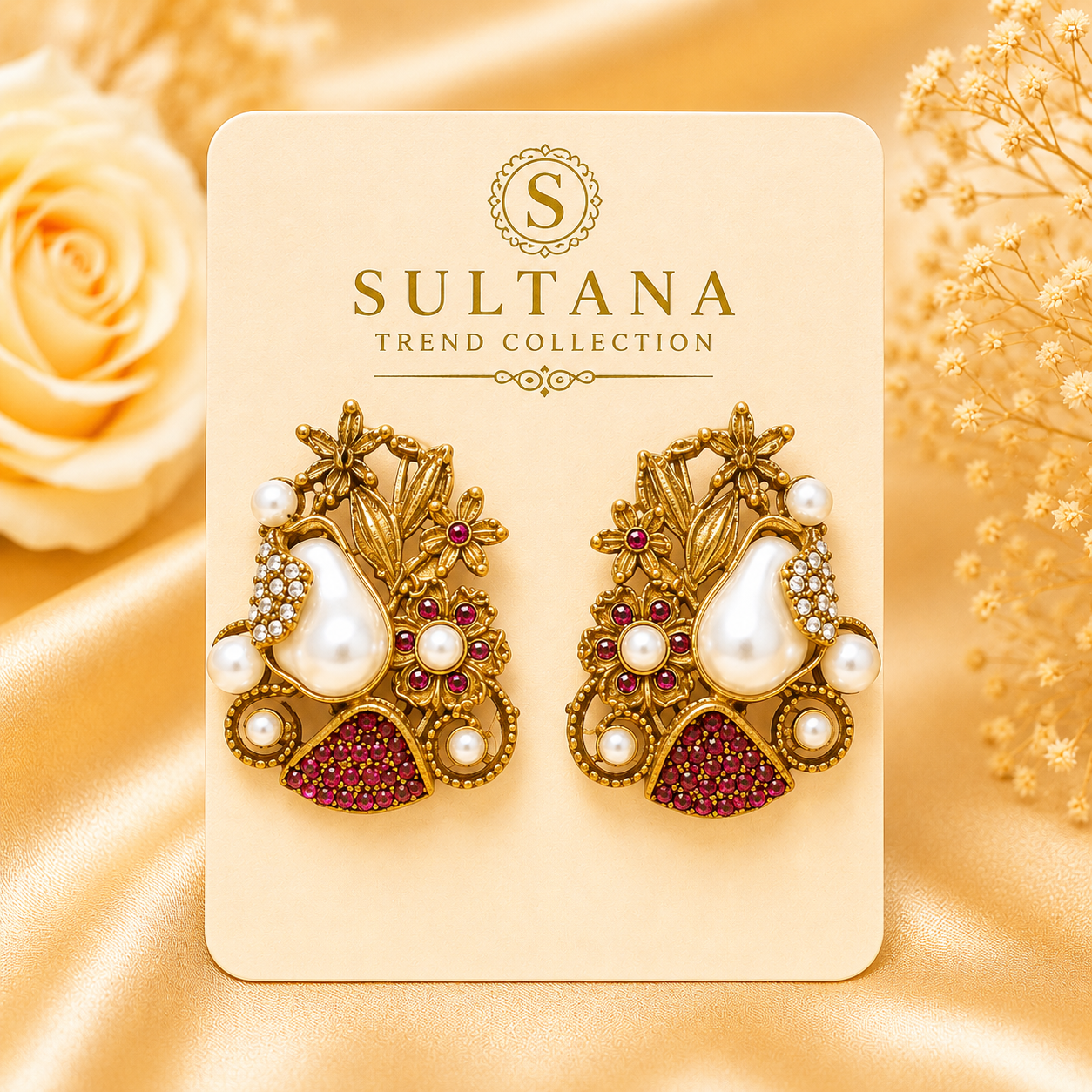 Royal Pearl Ruby Floral Earrings