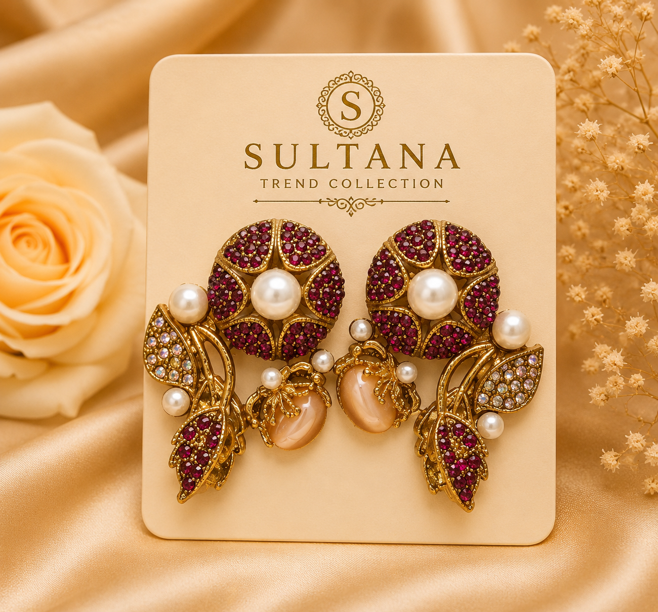 Ruby Pearl Floral Statement Earrings
